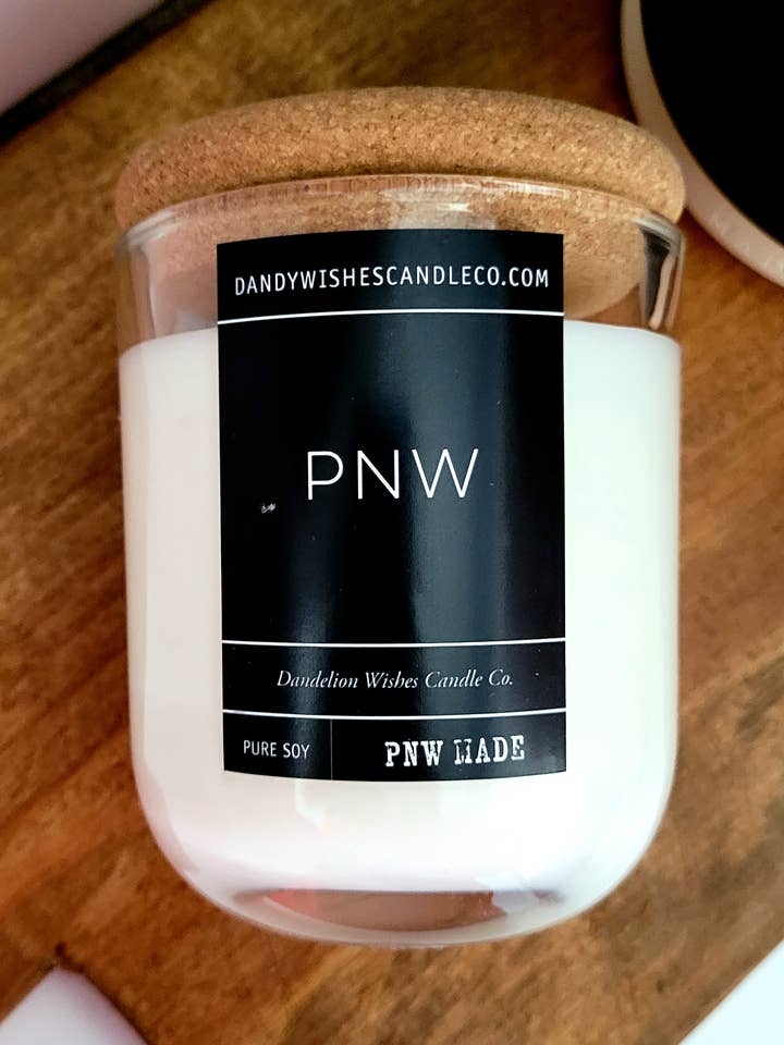 Clear Jar Candle with Black Label and Cork Lid for wholesale by Dandelion Wishes Candle Co.