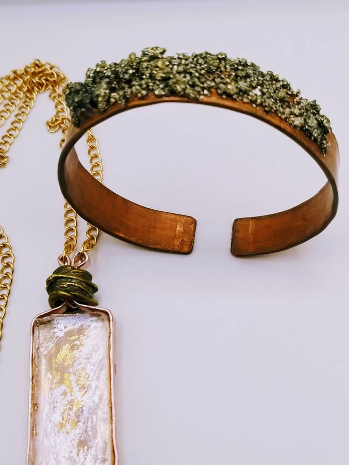 Transparent Amber Rectangular Mosaic Necklace & Pyrite Copper Cuff for wholesale by Handcrafted Jewelry By Teri C