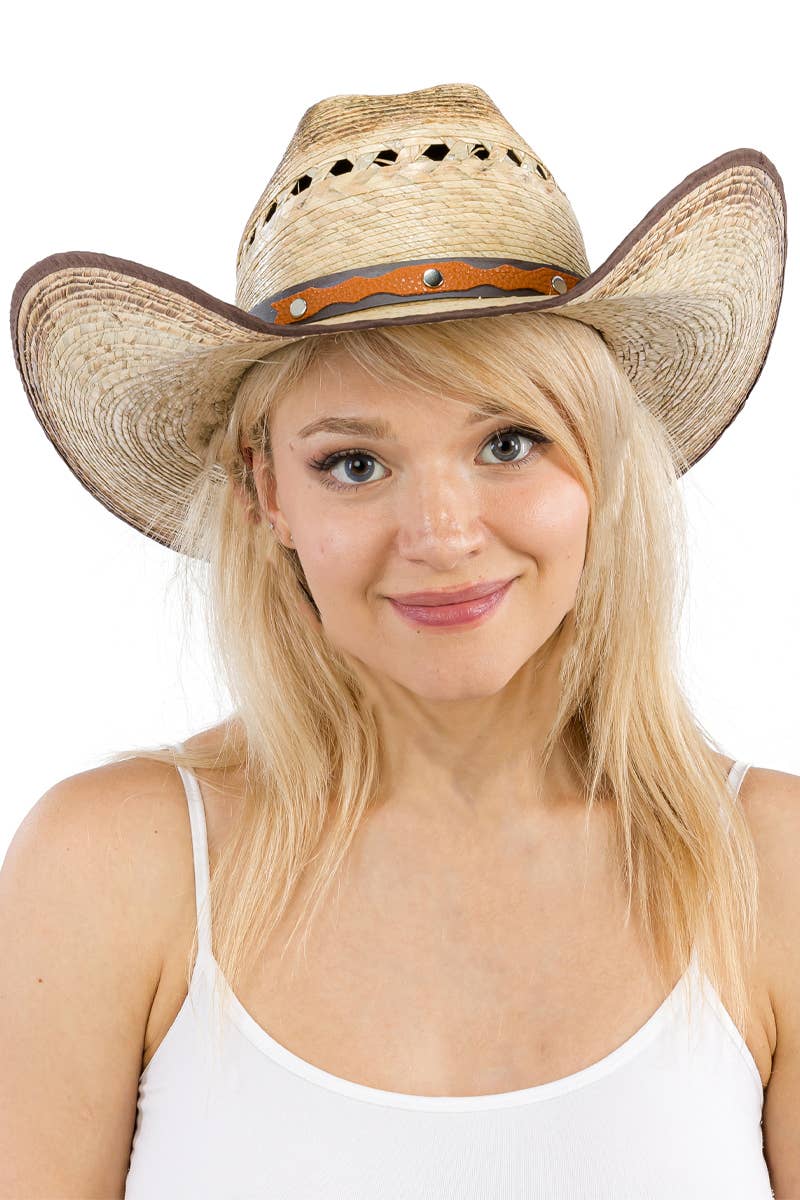 Cap Zone - Wholesale Cowboy Hat - Women's - Vented Vintage Burnt Cutter Palm Straw Cowboy Hat8