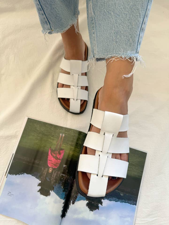 Christina Christi - Wholesale Sandals - Women's - Leather Flat Sandals Women, Leather Slide Sandals, White4