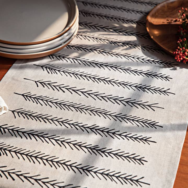 Natural Flax Linen Table Runner | Black Feather for wholesale by Little Korboose