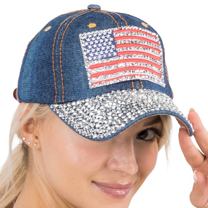 Cap Zone - Wholesale Baseball Cap - Women's - American Flag Bling Patch Denim Baseball Cap