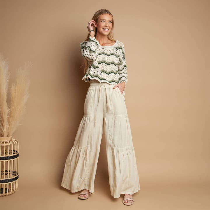 Parchment Delaney Wide Leg Tiered Drawstring Chambray Pants for wholesale on Faire7