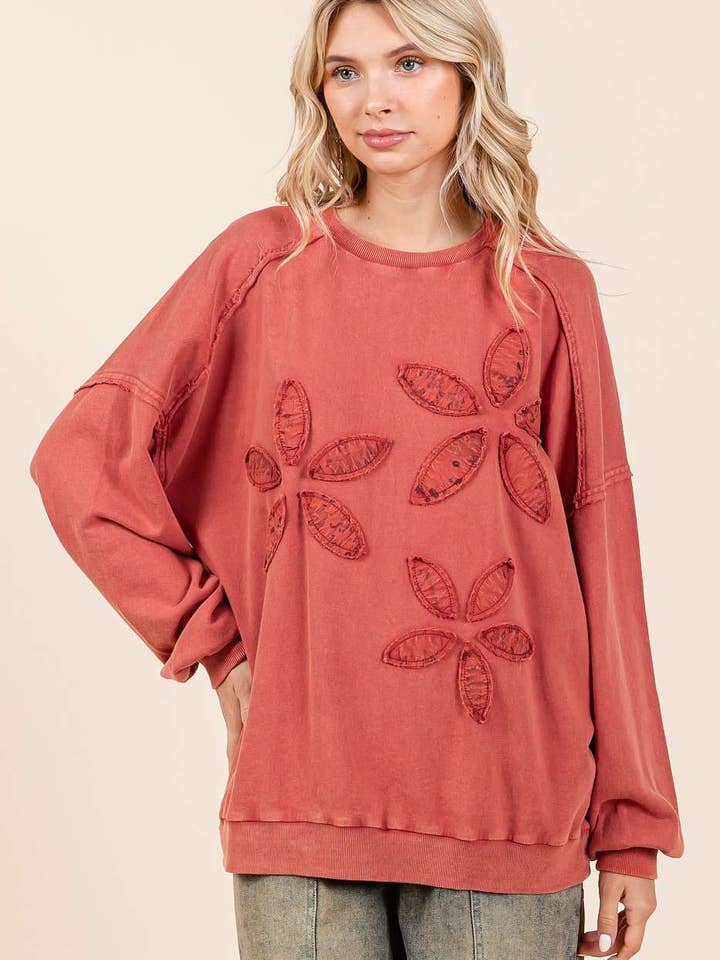 mittoshop - Wholesale Sweatshirt - Women's - VINTAGE TEXTILE FLOWER PATCH MINERAL WASH PULLOVER
