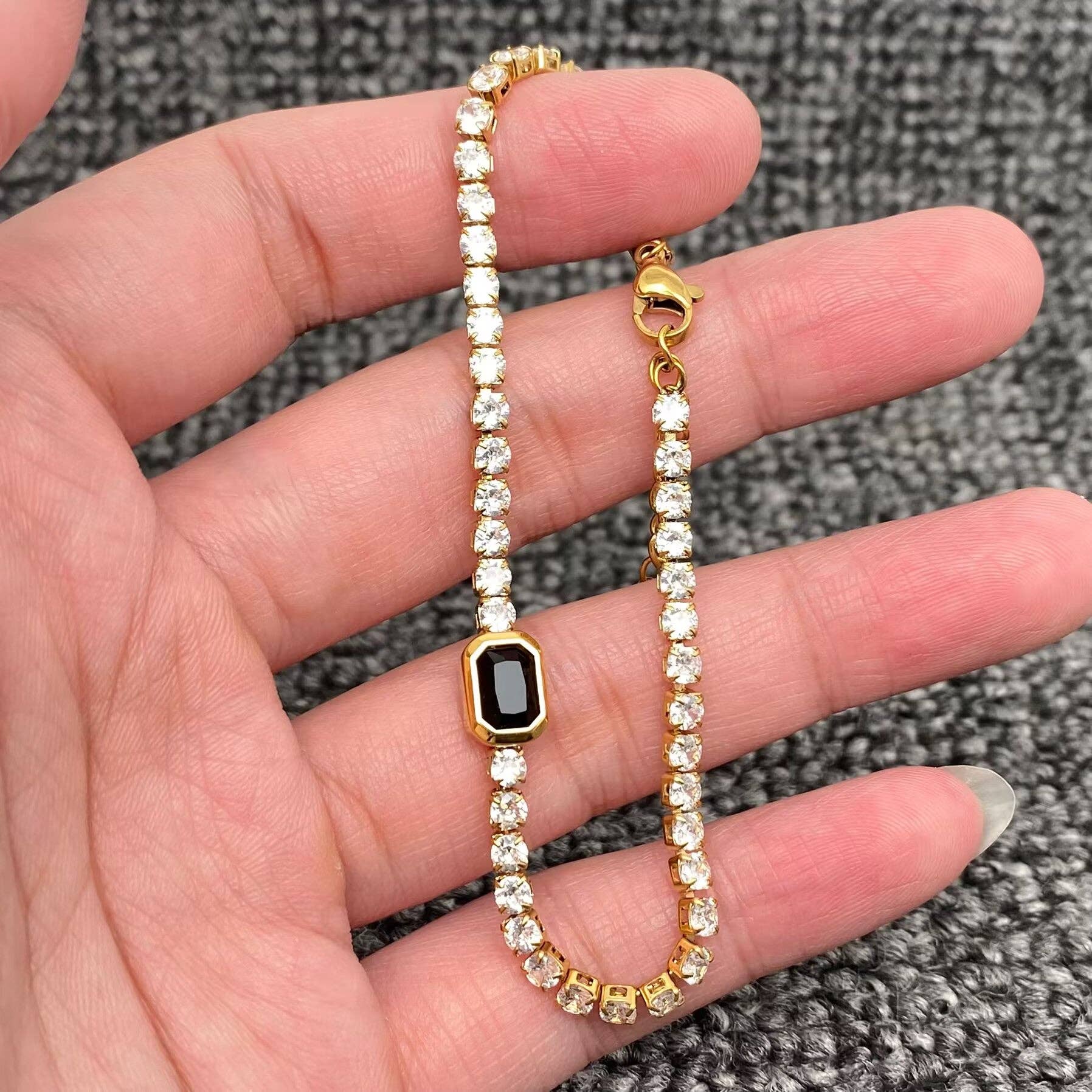 Mio Queena - Wholesale Link & Chain Bracelet - Full Zircon 3mm 18K Gold Plated Stainless Steel Bracelet-FGS0