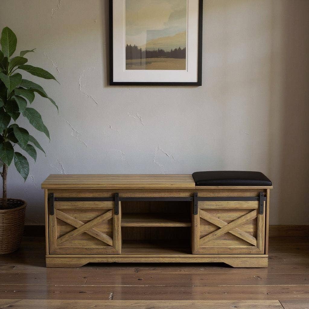 HomeRoots - Wholesale Bench - 47" Black and Natural Faux Leather And Wood Bench With Shoe Storage And Shelves1