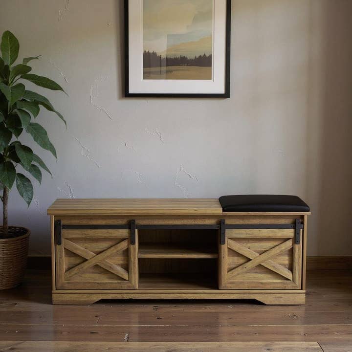 HomeRoots - Wholesale Bench - 47" Black and Natural Faux Leather And Wood Bench With Shoe Storage And Shelves1