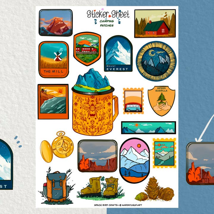 Camping Patches Sticker Sheet - Bullet Journal Sticker for wholesale by Split Moon Studios