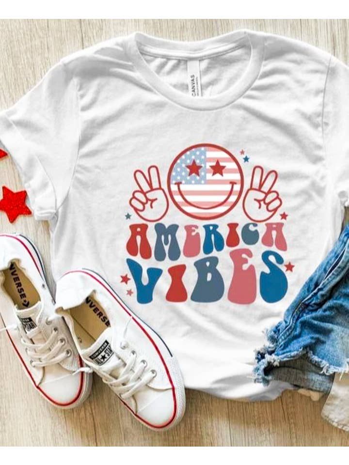 Peach Closet - Wholesale Screen Printed T-Shirt - Women's - America Vibes Smiley Face & Peace Signs Tee