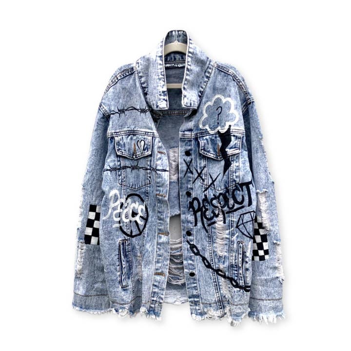 Wren + Glory - Wholesale Denim Jacket - Women's - Graffiti Girl Oversized Denim Jacket Hand Painted