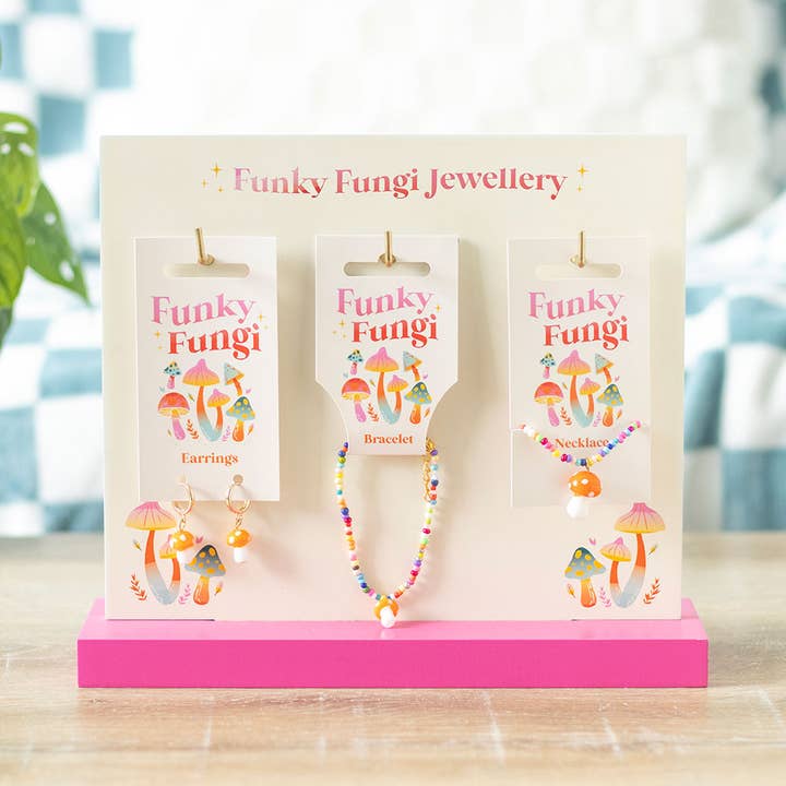 Set of 18 Funky Fungi Mushroom Jewellery Pieces on Display for wholesale by Something Different Wholesale
