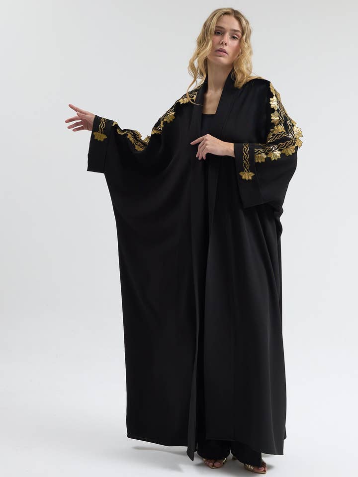 Schwarze Goldene Detaillierte Abaya für den Großhandel von Store WF