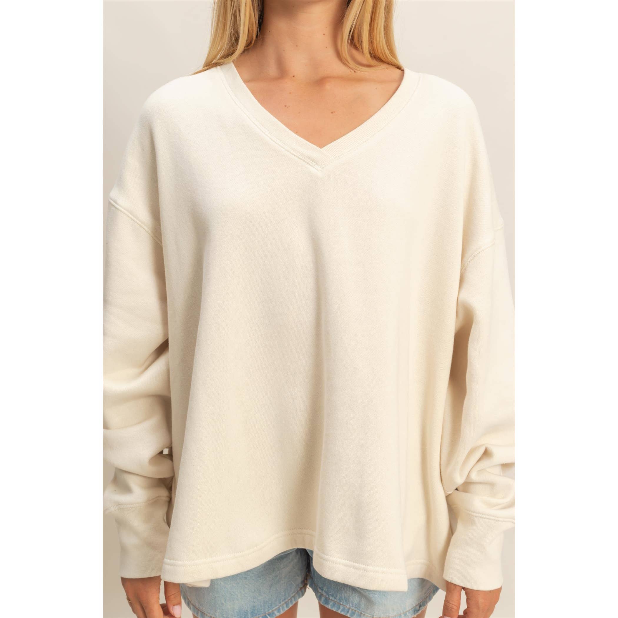 Double Zero - Wholesale Sweatshirt - Women's - Oversized V-Neck Sweatshirt With Raw Edge Detail8