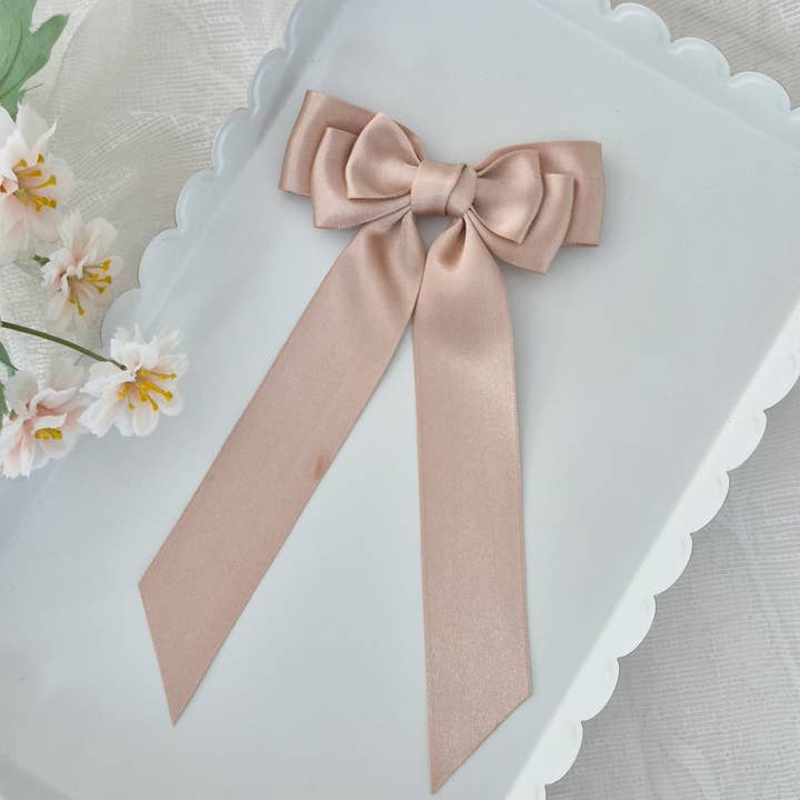 Dainty Delights Creations - Wholesale Hair Bow - Kids - Long Tail Satin Ribbon Bow-Sand Wholesale