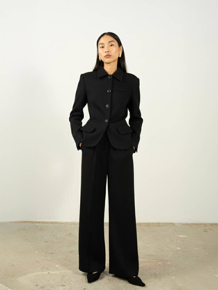 Textured Pleated Palazzo Trousers Black for wholesale by JUSTE
