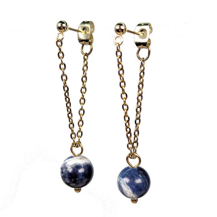 18K Real Gold Plated Stainless Steel Sodalite Gemstone Tassel Earrings for wholesale by Stylish Jewelry Supply