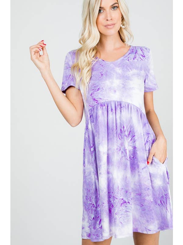 LILAC WHITE SD1195-22 TIE DYE BABY DOLL DRESS WITH SIDE POCKET for wholesale on Faire