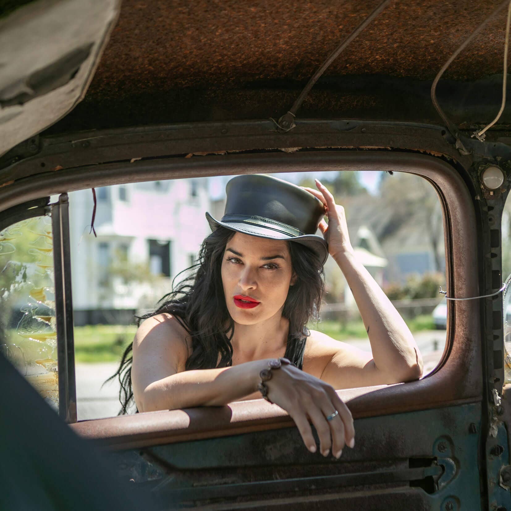 American Hat Makers - Wholesale Fedora - Unisex - Biker Genuine Leather Top Hat - Style Hampton3