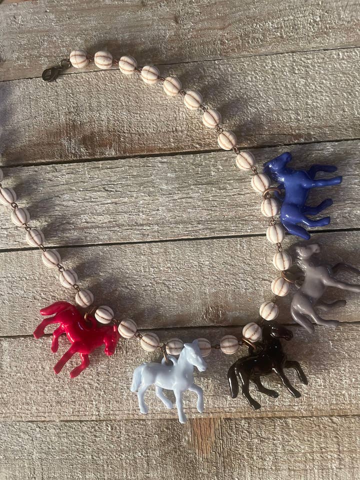 Pony Horse Club Necklace on Cream Beads for wholesale by Savannah Hoffman Designs Artisan Jewelry