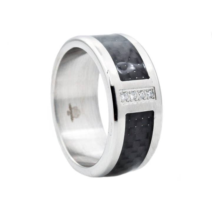 Mens And Carbon Fiber Ring With Cubic Zirconia for wholesale by Blackjack Mens Jewelry