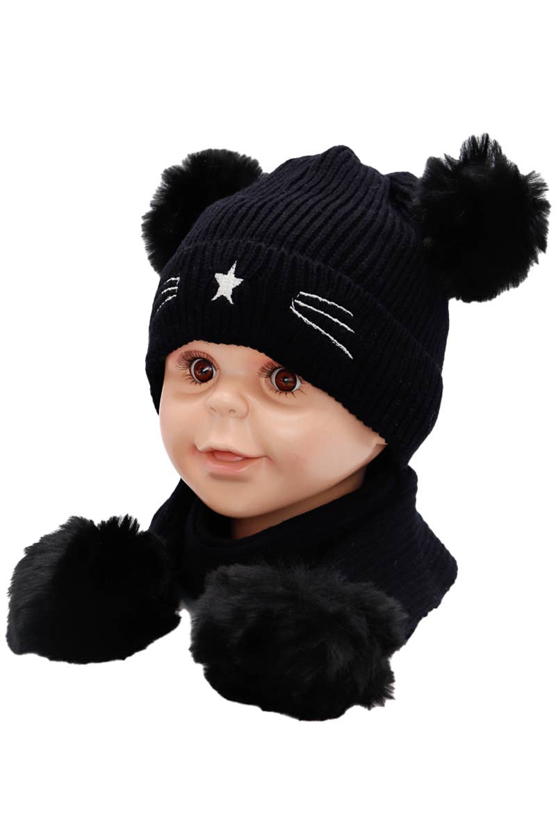 Cap Zone - Wholesale Beanie - Kids - Kids 2 Piece Kitty Cat Whiskers Pom Pom Beanie Scarf Set4