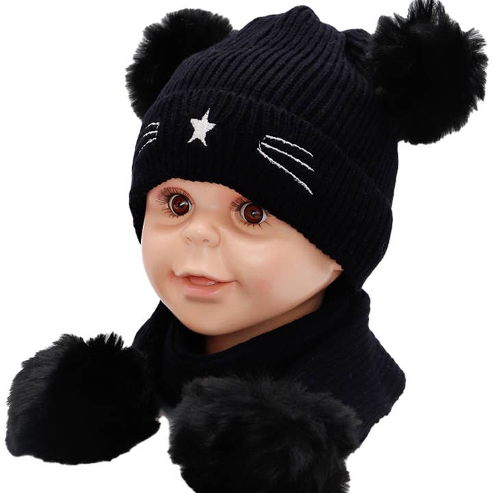 Cap Zone - Wholesale Beanie - Kids - Kids 2 Piece Kitty Cat Whiskers Pom Pom Beanie Scarf Set4