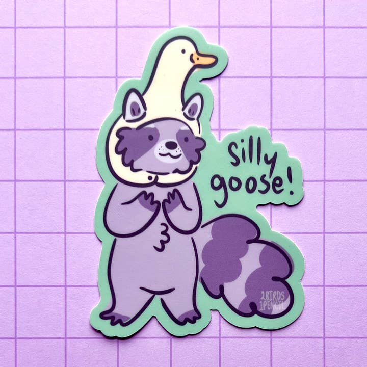 Silly Goose Raccoon Vinyl Sticker for wholesale by 2Birds1Pencil Illustrations