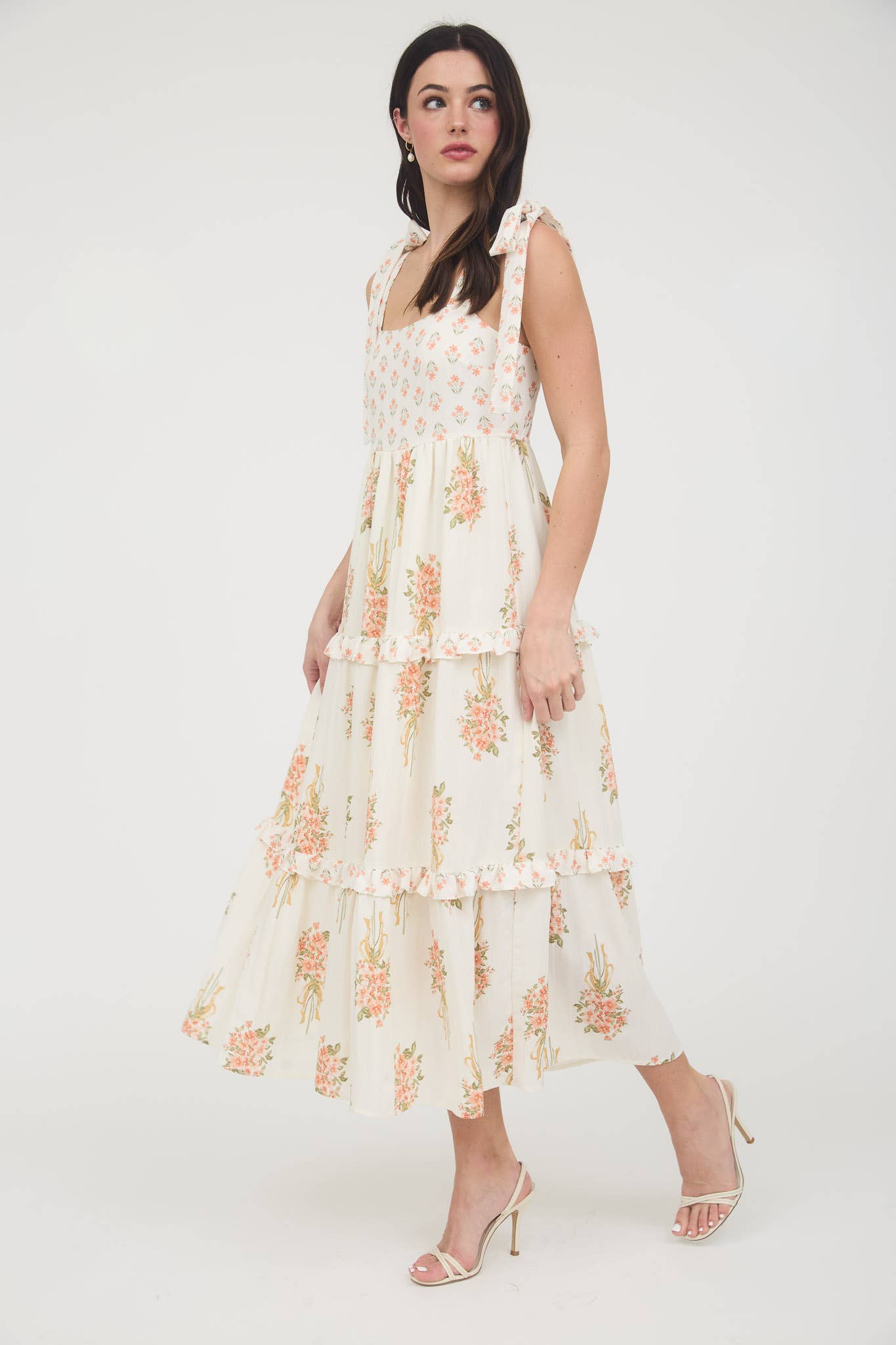 MINE – Vestido - Mulher por atacado – VESTIDO IMPÉRIO COM ESTAMPADO DE RAMALHETE FLORAL E ALÇAS DE ATAR EM CAMADAS2