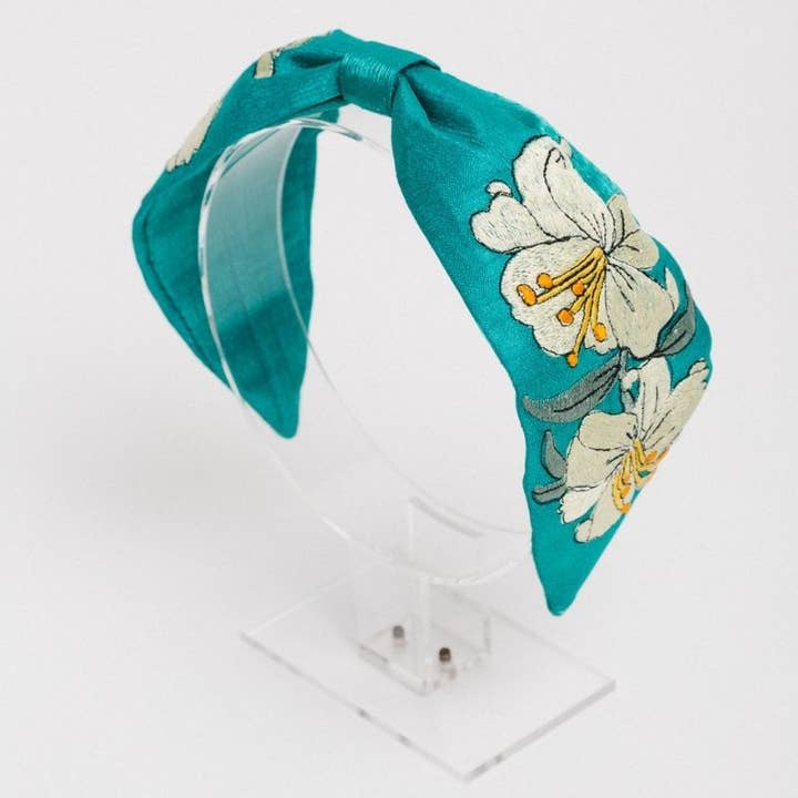 Embroidered Flower Headband Aqua Green Thread for wholesale by ACUS