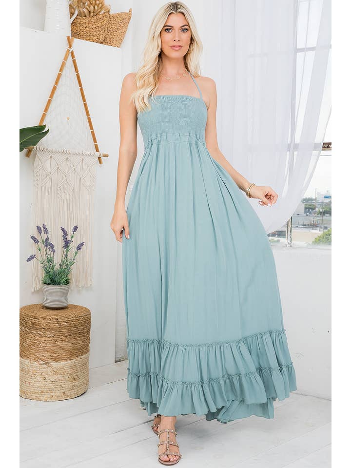 Sweet Lovely by Jen – Großhandel Kleid – Damen – MAXIKLEID MIT RÜCKENAUSSCHNITT UND GESMOKTEM STUFENROCK28