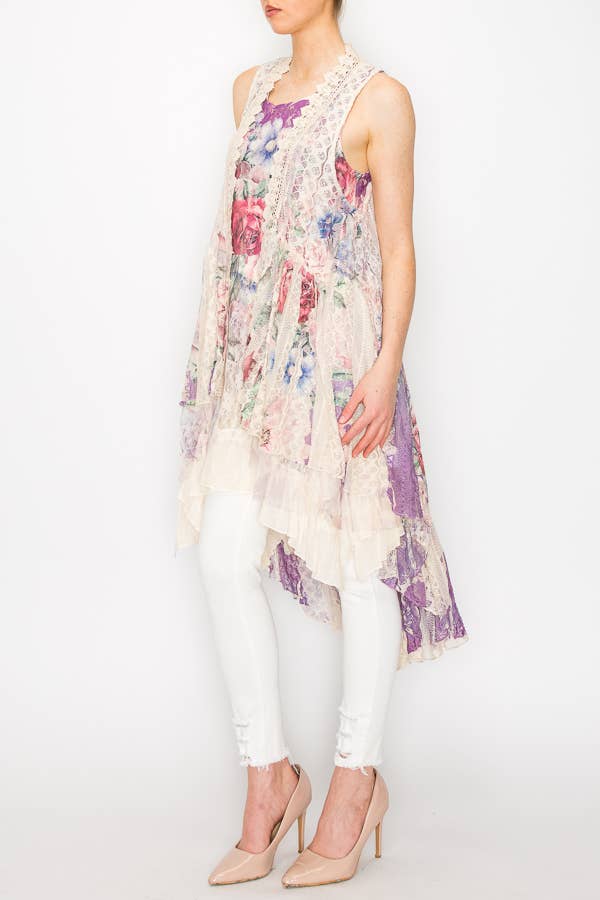 Origami Apparel ~  Lace and Crochet inspired - Wholesale Outerwear Vest - Women's - BOHEMIAN ALL LACE HI LOW VEST-U013BG/DD LAV FL1