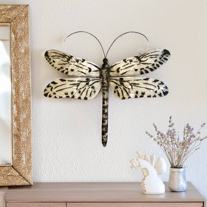 Dragonfly Wall Decor Black And White, w/ Capiz, Outdoor Safe for wholesale by Eangee Home Design