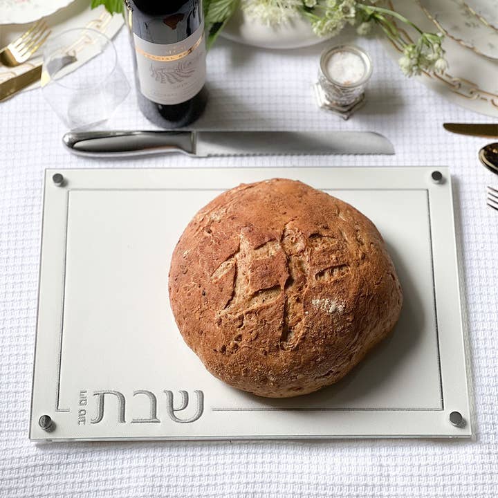 Boker-Tov Shalom - Wholesale Cutting Board - Embroidered Leatherette Lucite and Glass Top Challah Board5