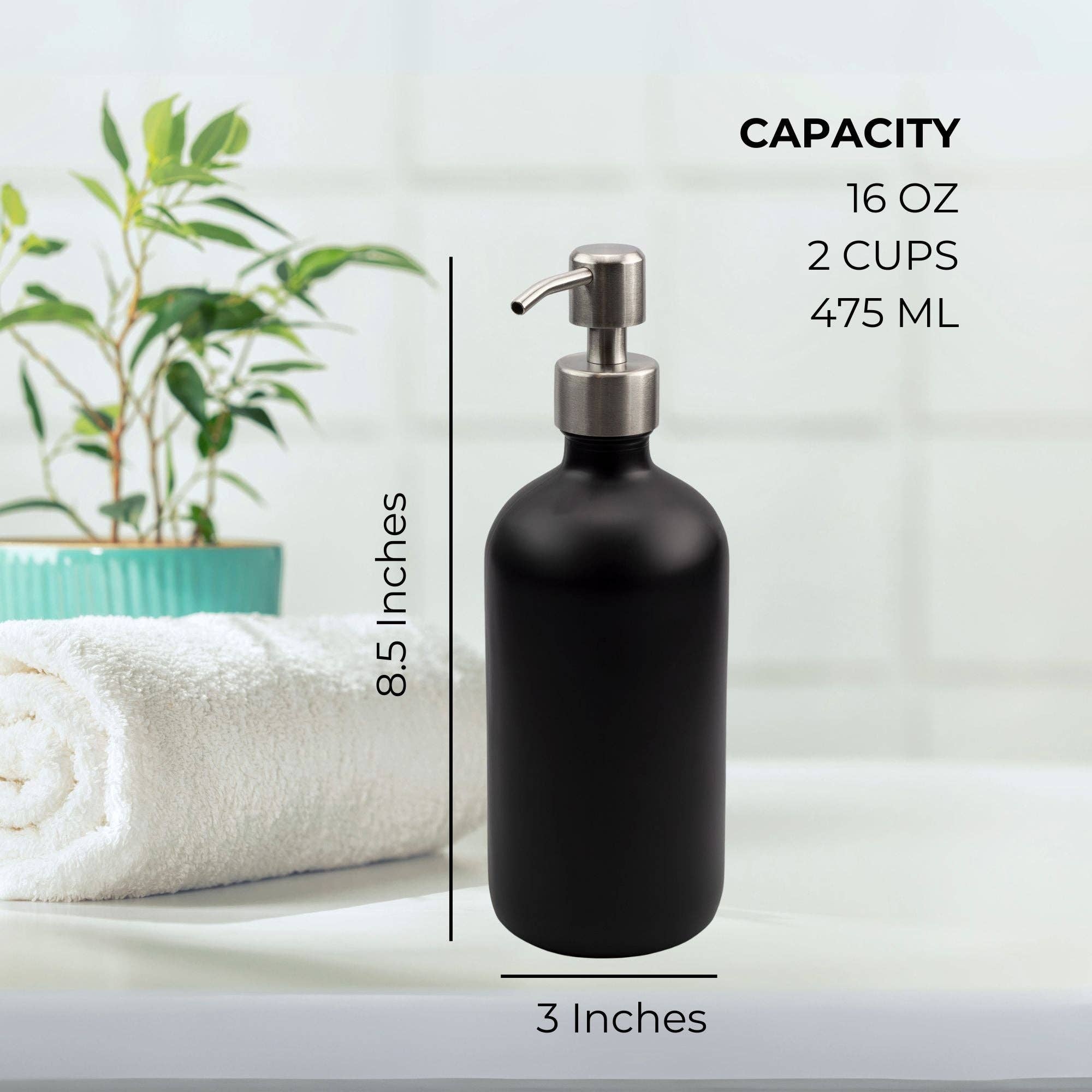 Kurated Korner – wholesale Soap dispenser – Cornucopia 16oz Black Glass Pump Bottles (2pk)5