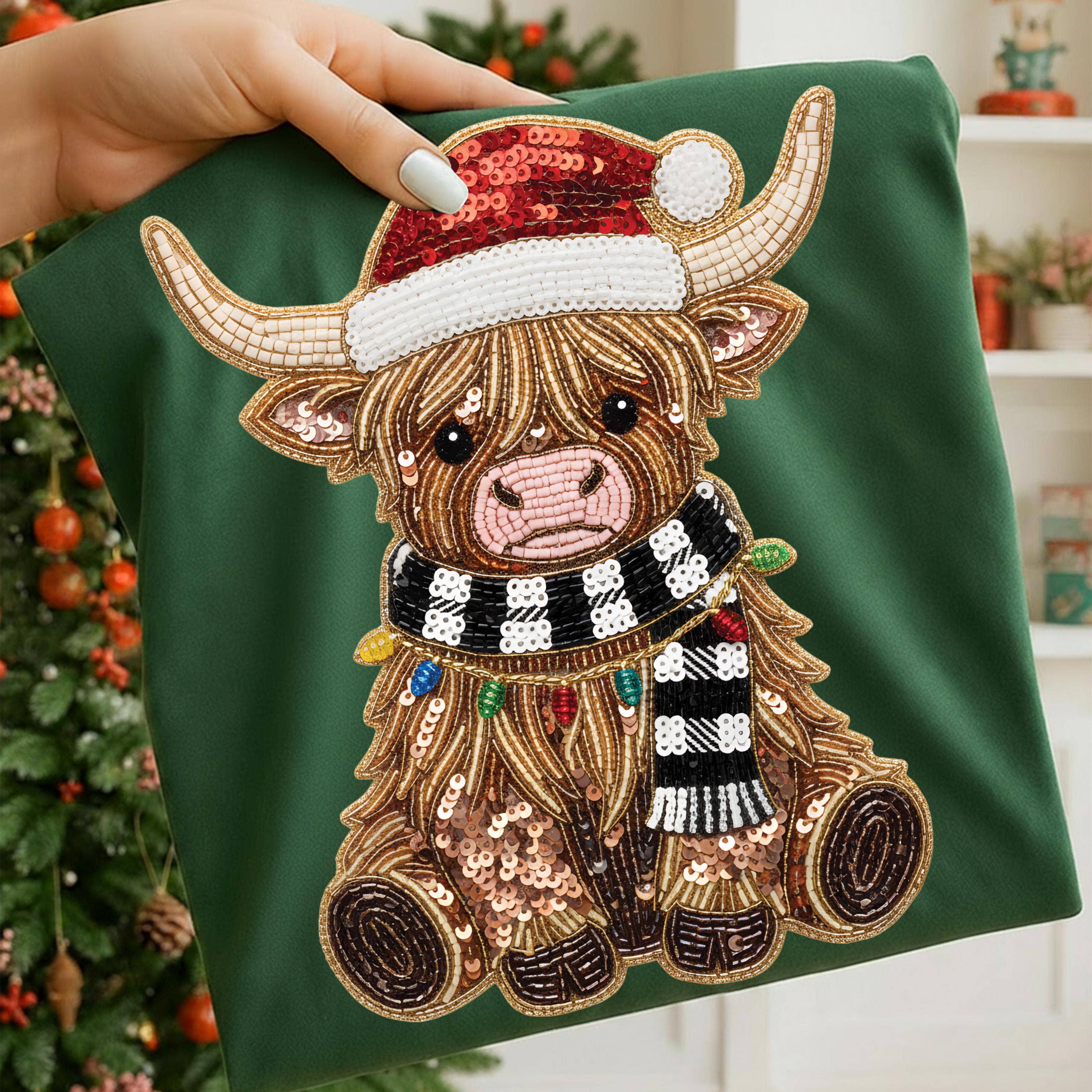 NVC Ecommerce LLC - Wholesale T-Shirt (Graphic) - Women's - Highland Cow Christmas Shirt, Sequin Santa Hat Sweatshirt2