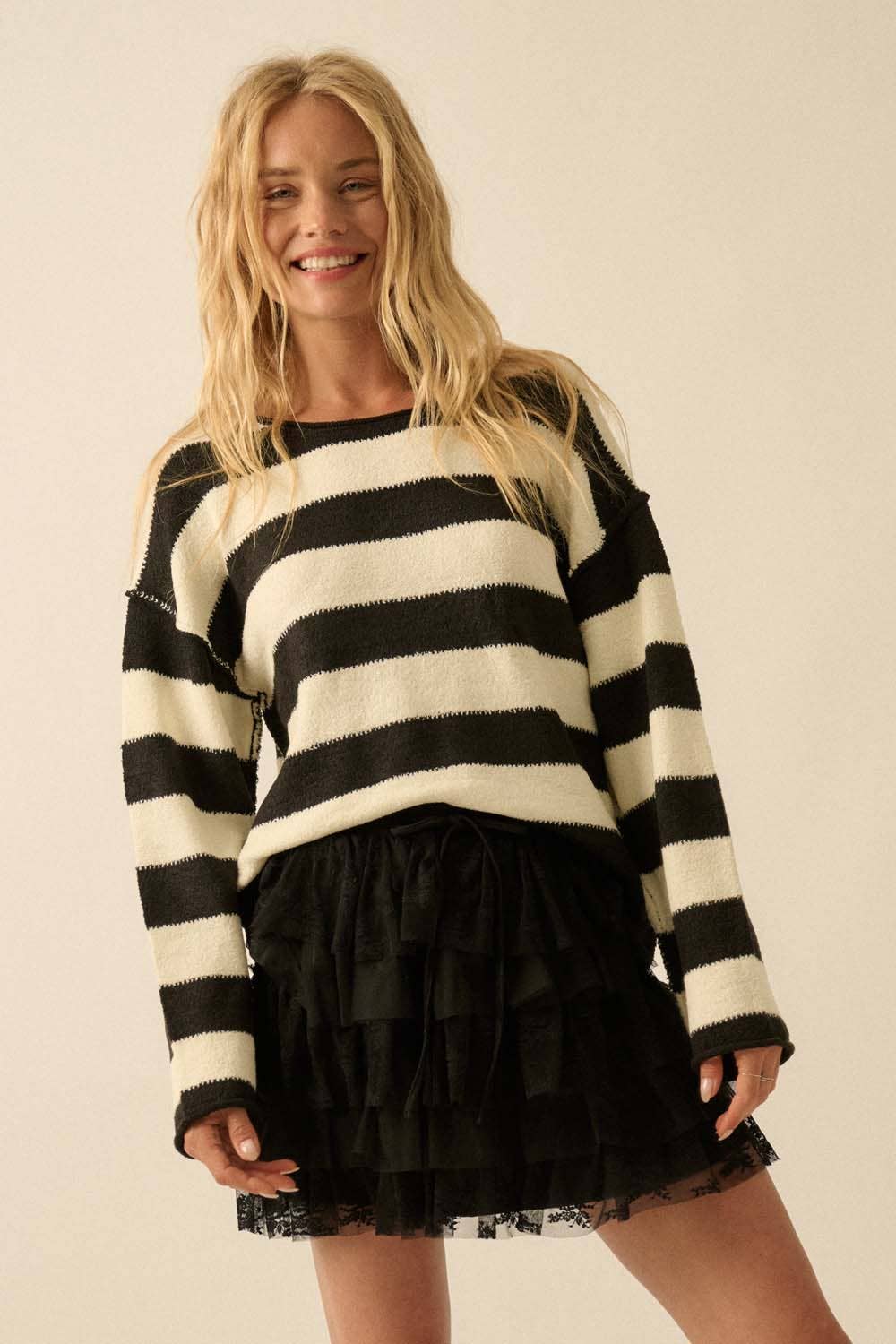 Promesa USA - Wholesale Knit Sweater - Women's - Textured Striped Knit Rolled-Edge Sweater6