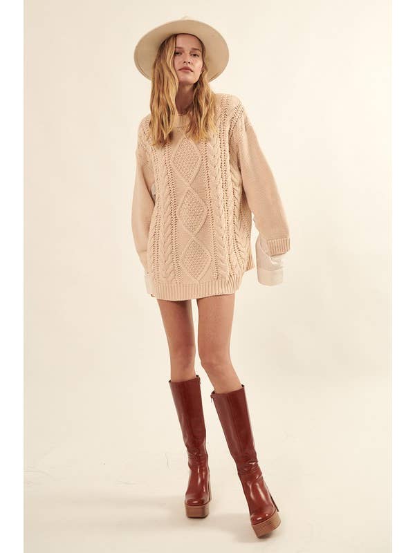 OATMEAL Solid Round Neck Oversize Cable Knit Sweater for wholesale on Faire