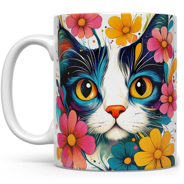 Floral Cat Ceramic Mug, Cute Boho Nature Cup, Cat Lover Gift for wholesale by Loftipop