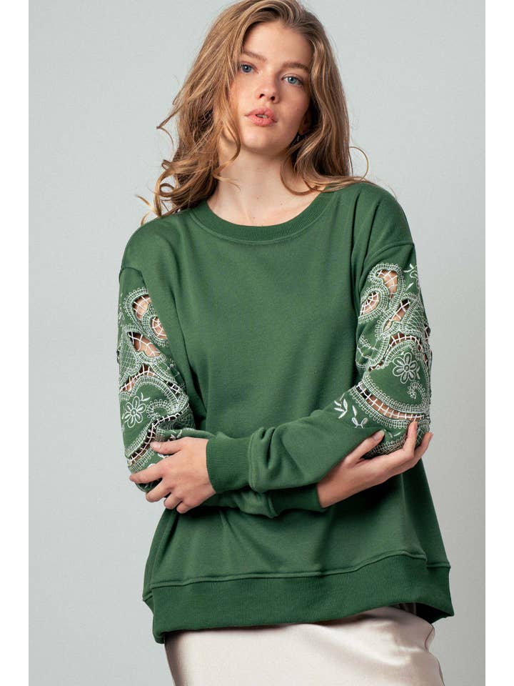 Vert Sweat-shirt romantique à manches en dentelle brodée en vente sur Faire4