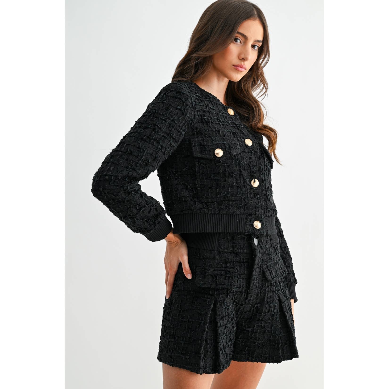 BLACK GOLD BUTTON BOUCLE TWEED JACKET for wholesale on Faire6