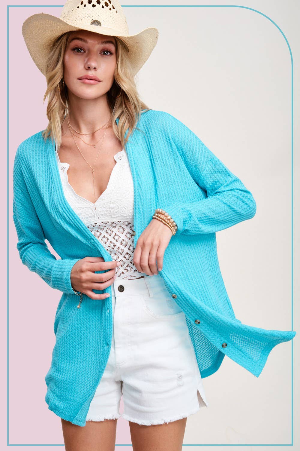 La Miel - Wholesale Cardigan - Women's - HBC2175-Soft Waffle Fabric Button Down Long Sleeve Cardigan25