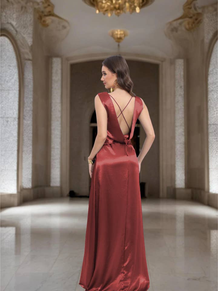 Lucas & Emma - Sarl RJ & co - Wholesale Gown - Women's - Satin maxi dress for ceremony with draped neckline and open back13