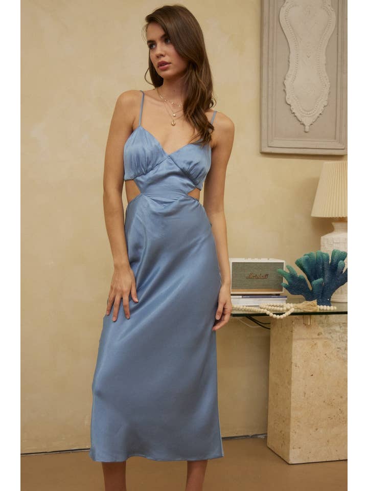 Endless Blu - Wholesale Dress - Women's - JD6470 STRAPPY WAIST CUT OUT MIDI SATIN DRESS
