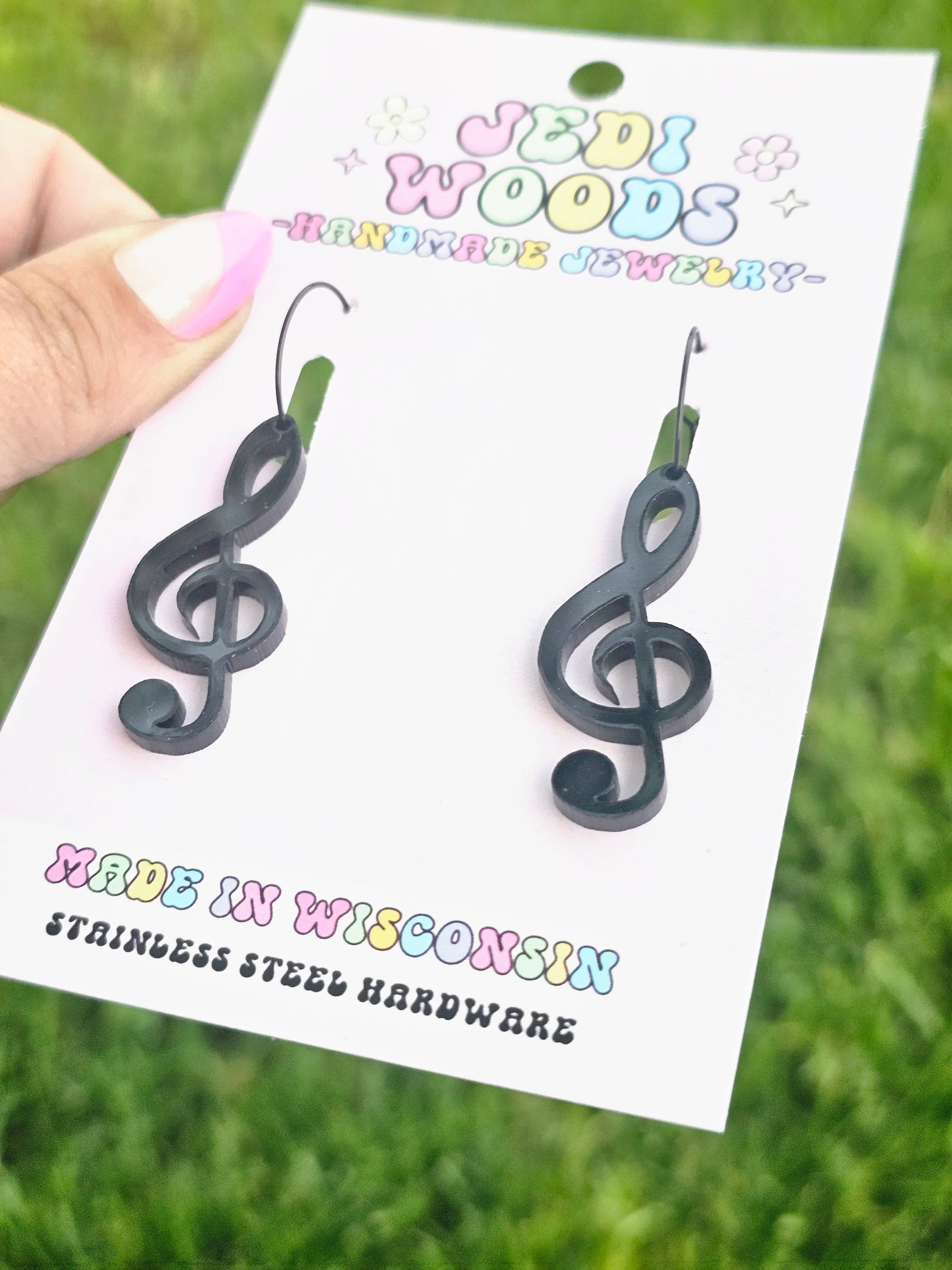 Jedi Woods LLC - Vendita all'ingrosso Orecchini pendenti - Orecchini musicali a forma di chiave di violino neri con cerchi, compatibili con il calibro 5