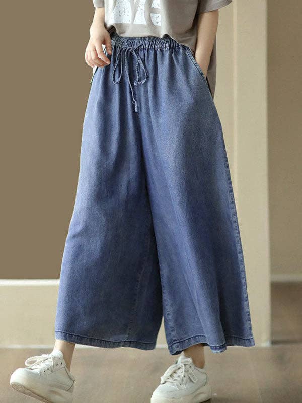 DENIM BLUE High-Waisted Ninth Pants with Drawstring, Elastic Waistband, Pockets, and Solid Color Design for wholesale on Faire1