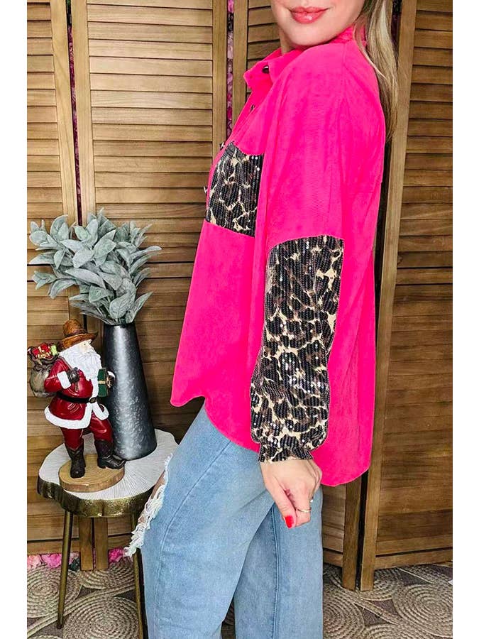 luluclothes - Wholesale Button Down Shirt - Women's - Pink corduroy leopard sequin women blouse BQ154982