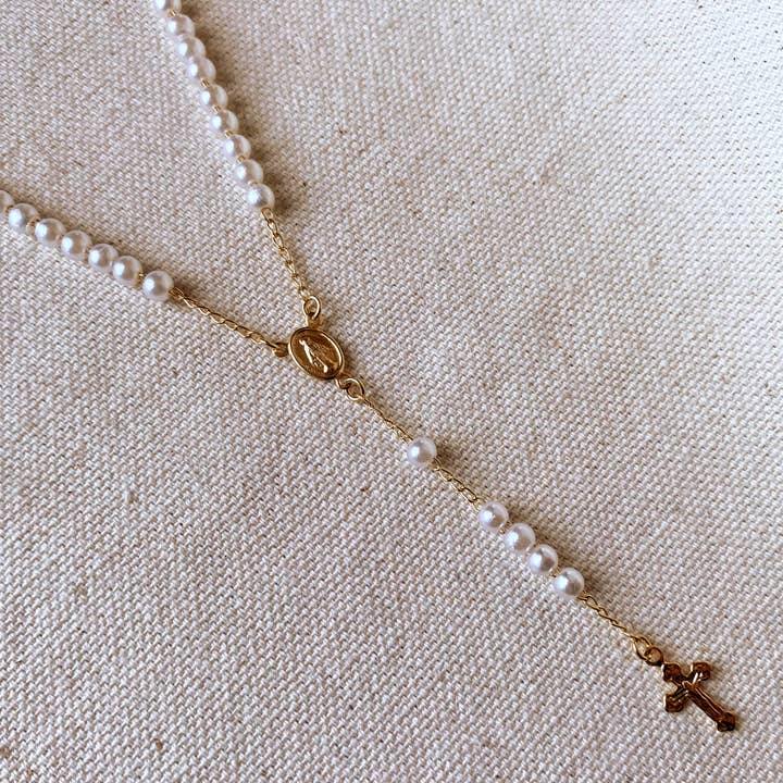 GoldFi - Wholesale Prayer Beads Necklace - 18k Gold Filled Our Lady of Graces Pearl Rosary Necklace