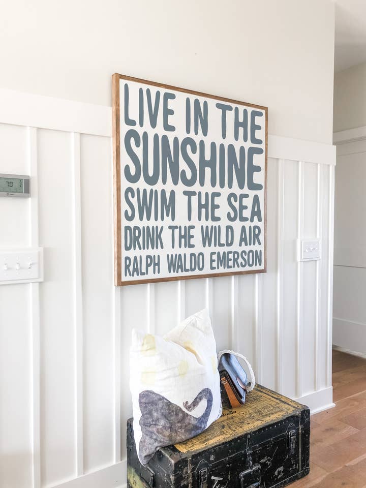 Live In The Sunshine Swim the Sea Waldo Emerson Wood Sign for wholesale by The Shed Interiors