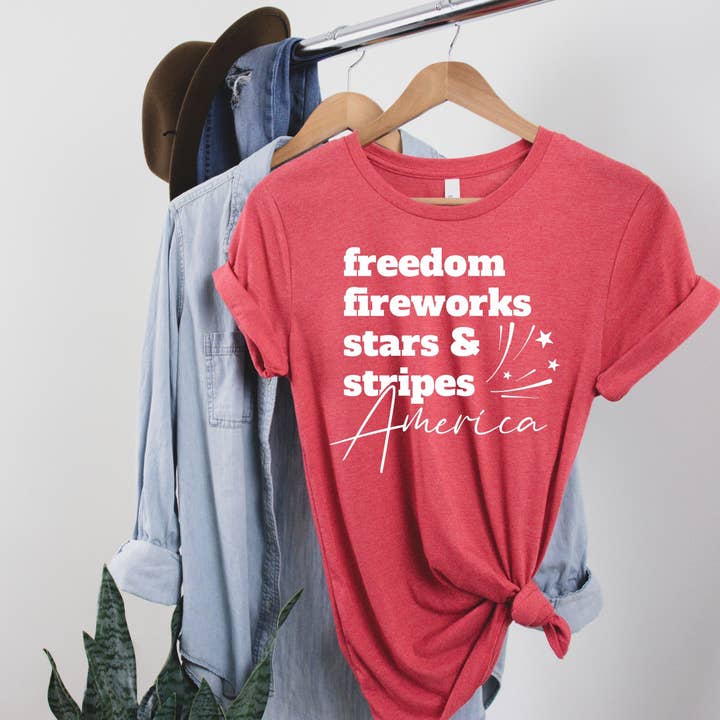 Freedom Fireworks America Red Tee White Ink for wholesale by Simply Tees