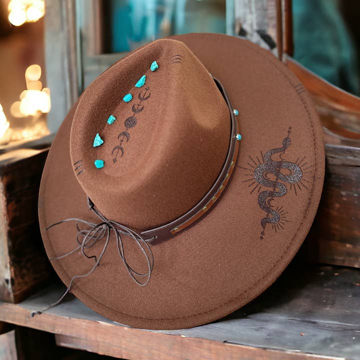 Moon Phases Snake Western Burned Hat for wholesale by Wild Indigo
